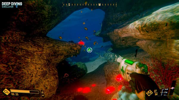 Video game screenshot showing an underwater scene near coral reef full of fish