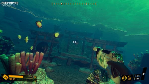 Video game screenshot showing a sunken underwater Japanese shrine