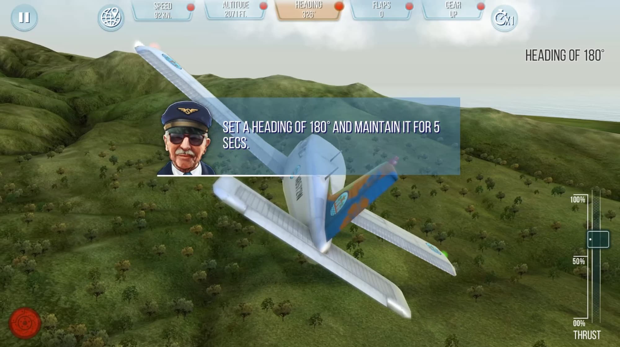 Video game screenshot showing a tutorial message during flying the plane