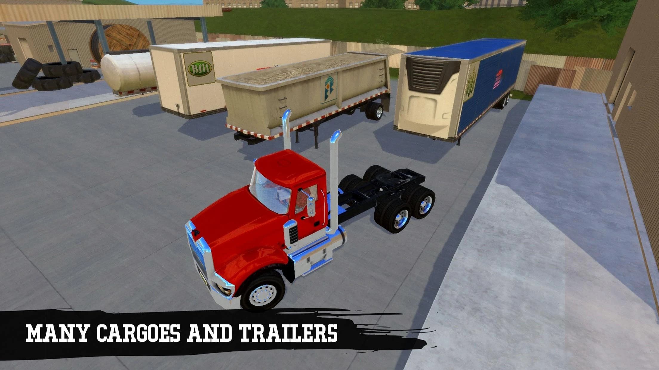 Video game screenshot showing a truck attaching a cargo trailer
