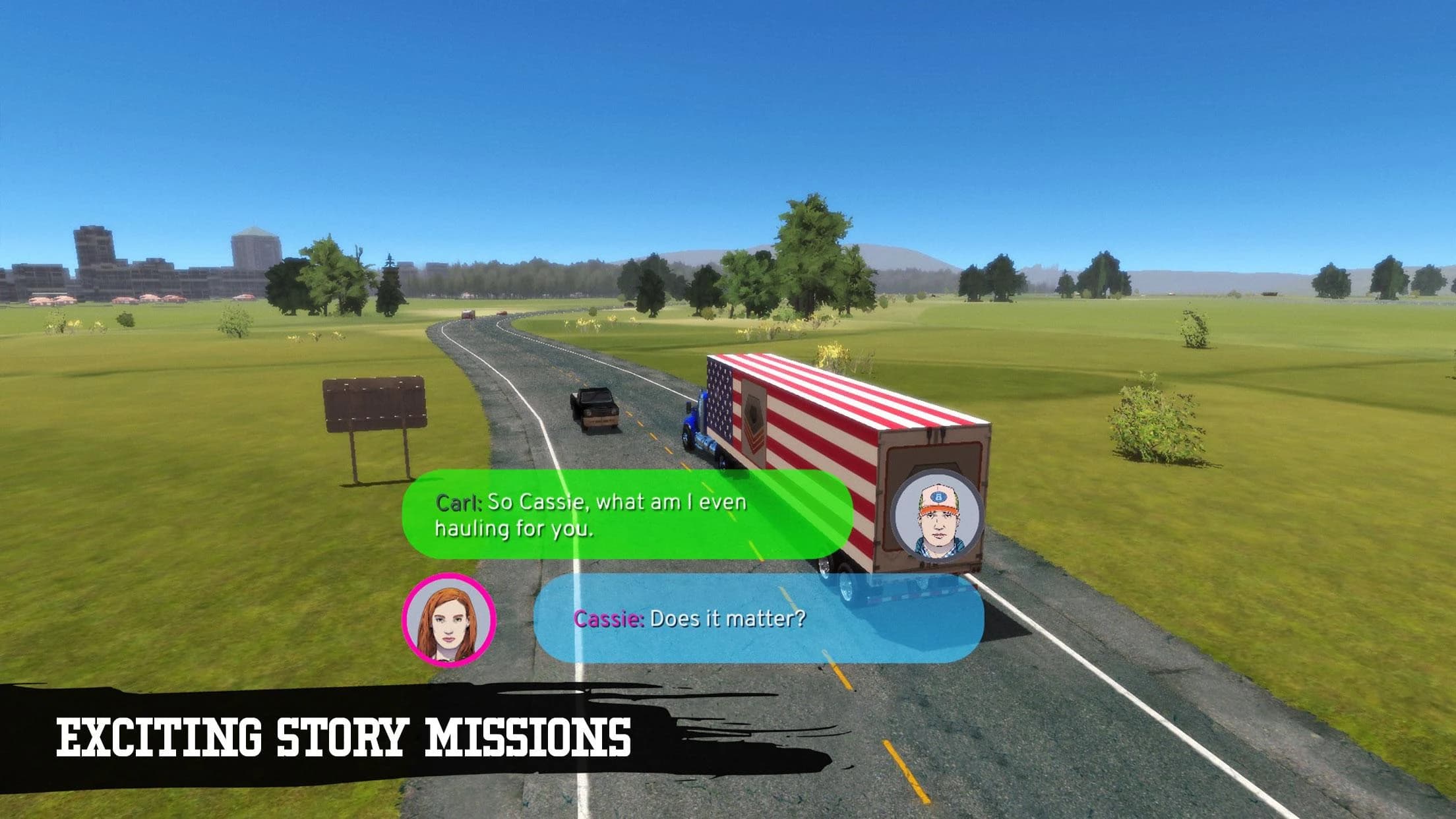 Video game screenshot showing a story dialogue during a delivery mission