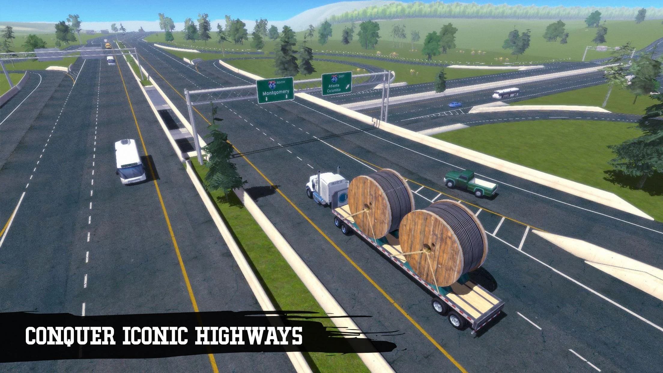 Video game screenshot showing a truck driving on a cloverleaf interchange