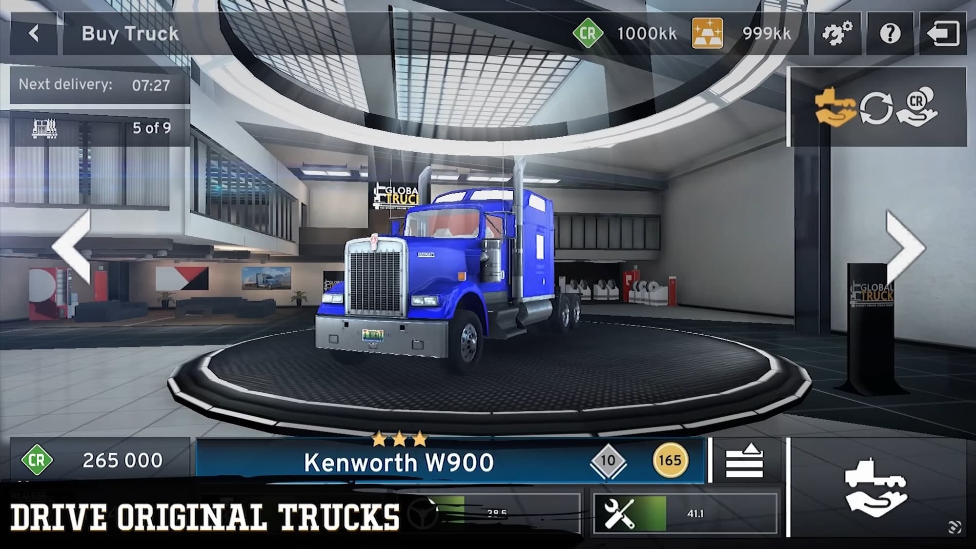 Video game screenshot showing an interior of a truck shop with an UI
